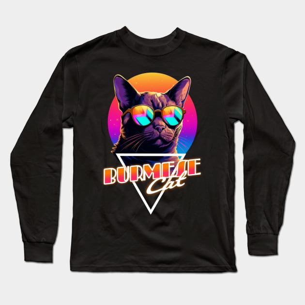 Retro Wave Burmese Cat Miami Shirt Long Sleeve T-Shirt by Miami Neon Designs